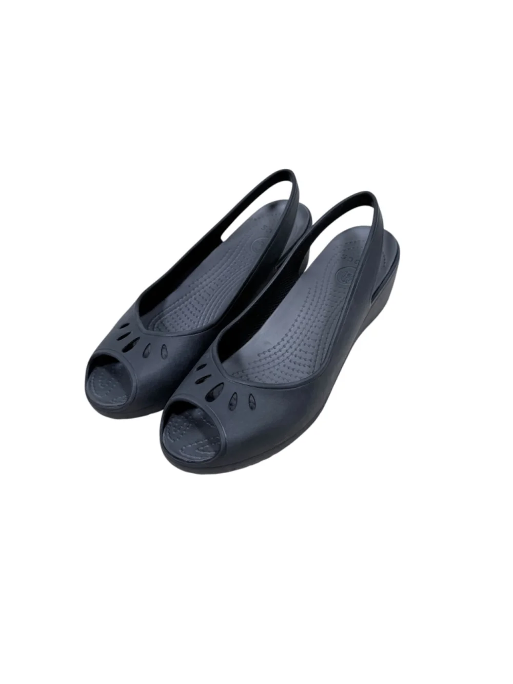 Crocs Mabyn Black Slingback Wedge Low Heel Sandal Peep Toe Travel Comfort Size 8